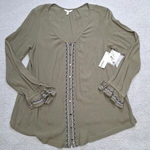 Sonoma Shirt Womens Medium Olive Green Embroidered Boho Peasant Forest Fairy